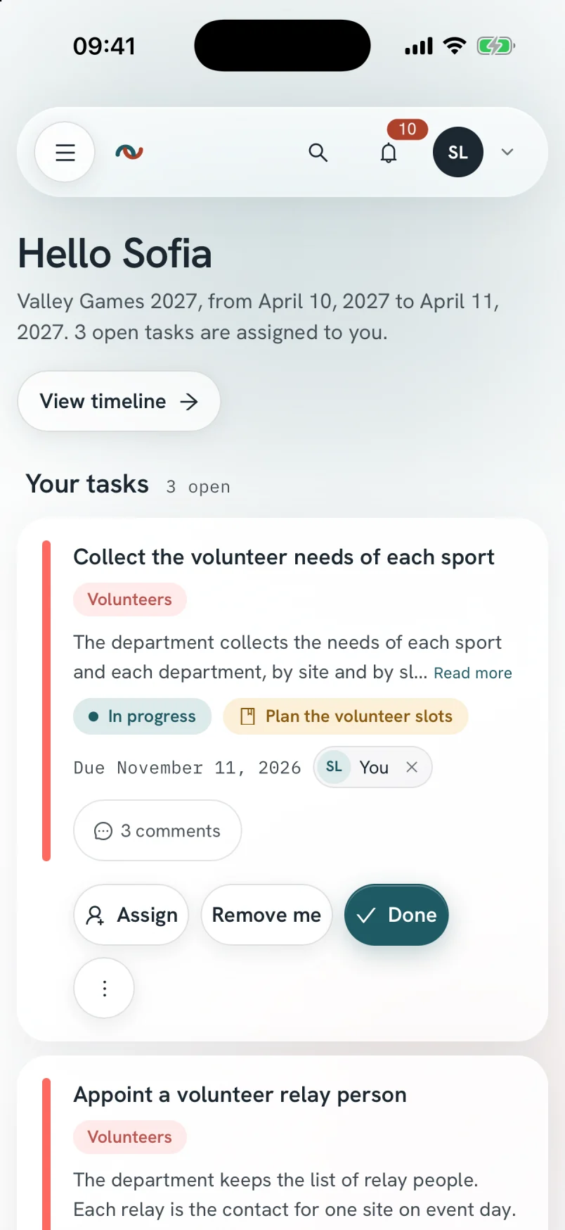 My space on a phone: the tasks assigned to a coordinator.