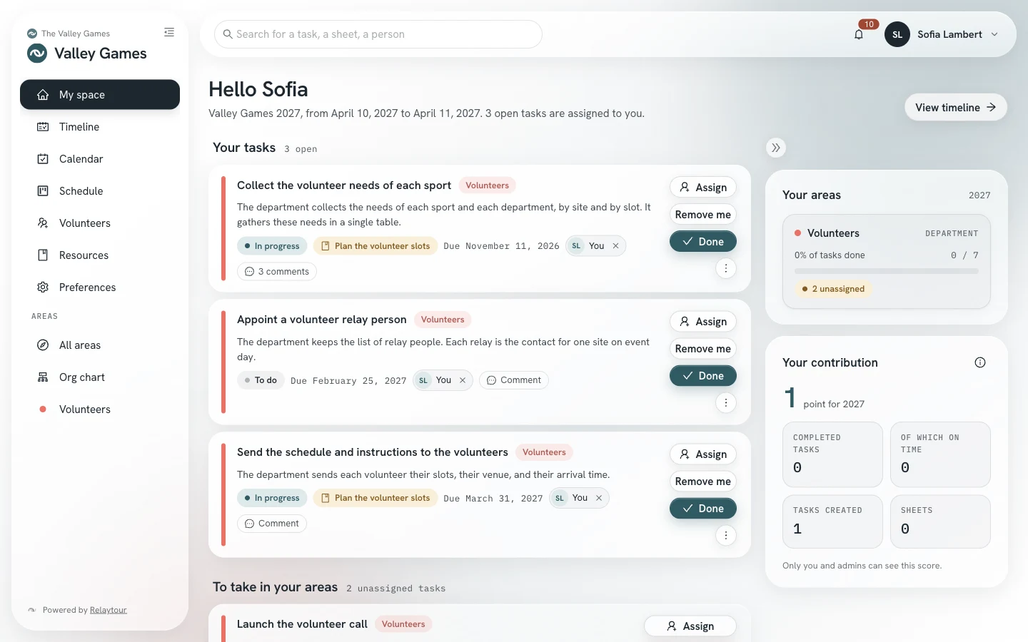 My space: a coordinator’s tasks, their status, their due date and their comments.